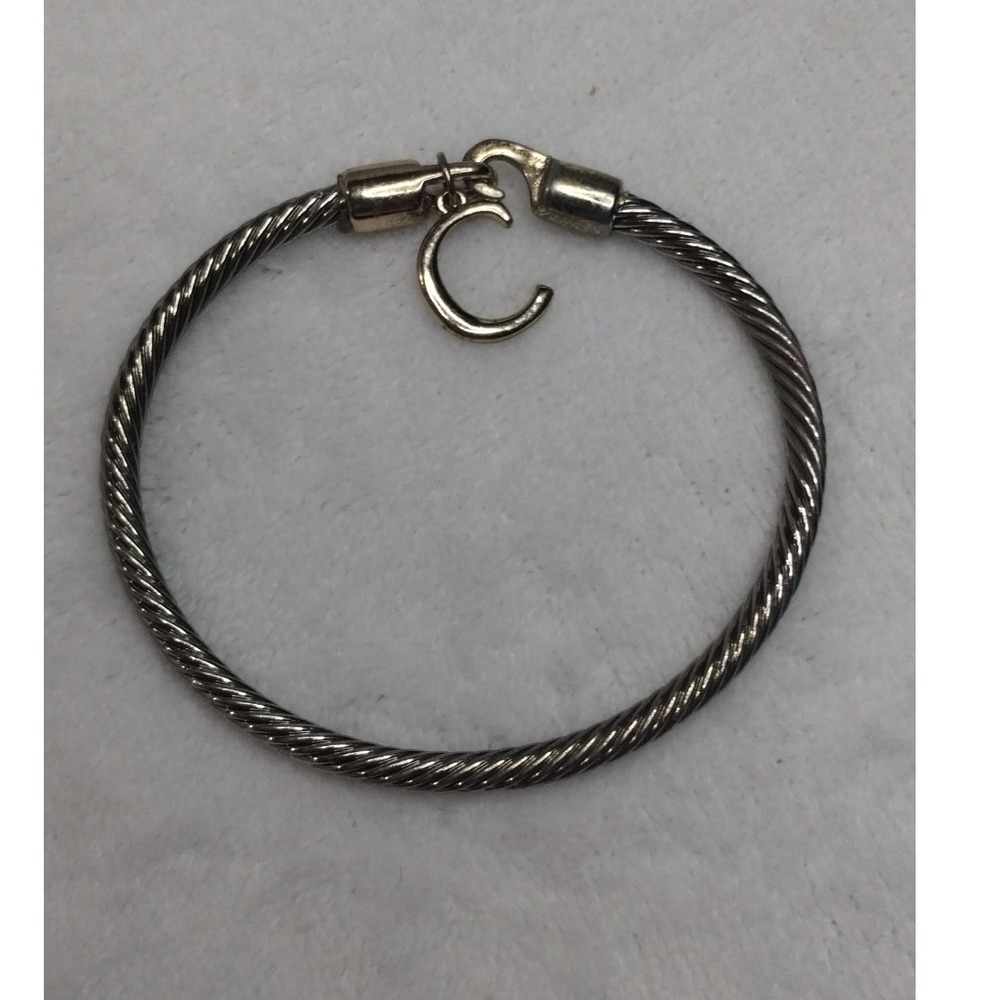 Silver Tone Twisted‎ Cable Bangle Bracelet with Initial C Charm Hook Closure